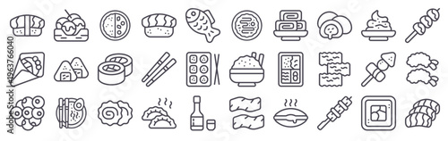 Set of 30 Japanese food thin line web icons featuring sushi, ramen, bento, sake, gyoza, tempura, onigiri, mochi and traditional cuisine elements in outline vector format