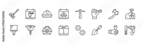 set of 16 thin line labour day icons featuring hammer, paintbrush, calendar, jackhammer, hard hat, repair kit, calendar, calendar, pick hammer. editable stroke vector illustration isolated on