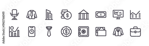 set of 16 thin line line business icons featuring desk chair, stock, shirt, time, office building, tie, money, coin, bank. editable stroke vector illustration isolated on white