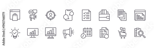 set of 16 thin line marketing icons featuring shopping bag, idea, advertising, analysis and reporting, target marketing, analysis and reporting, comments, adveritising, document.