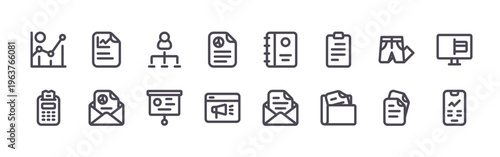 set of 16 thin line line business icons featuring diagram, pos terminal, stock market, pie chart, hierarchy, presentation, pie chart, marketing, accounting book. editable stroke vector