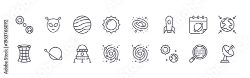 set of 16 thin line space icons featuring solar, wormhole, alien, orbit, exoplanet, lunar module, sun, milky way, galaxy. editable stroke vector illustration isolated on white