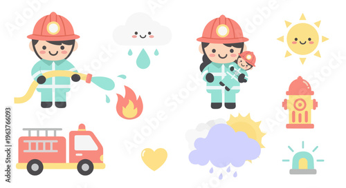 Cute Firefighter Vector Art: Hero, Truck, Hydrant, and Sun Icons