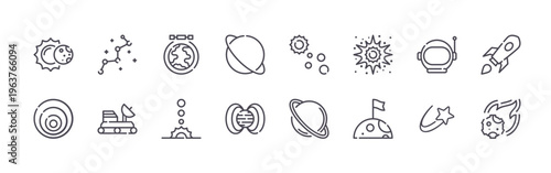 set of 16 thin line space icons featuring eclipse, doppler effect, constellation, moon rover, satellite, solar system, planet, magnetic field, astronomy. editable stroke vector illustration