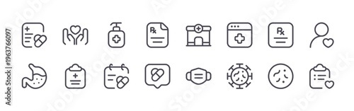 set of 16 thin line medical and healthcare icons featuring list, stoh, care, report, soap, calendar, report, comment, hospital. editable stroke vector illustration isolated on white