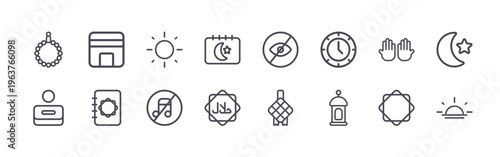 set of 16 thin line ramadhan icons featuring pray hand, save money, makkah, alquran, sun, music, scheduling, islamic, see. editable stroke vector illustration isolated on white