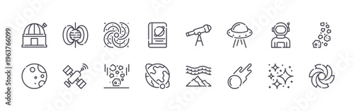 set of 16 thin line space icons featuring observatory, moon, pulsar, space station, milky way, microgravity, book, orbit, telescope. editable stroke vector illustration isolated on white