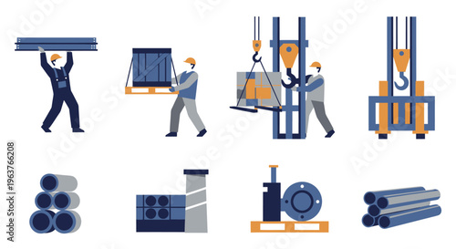 Flat Style Illustration of Industrial Warehouse Workers and Materials
