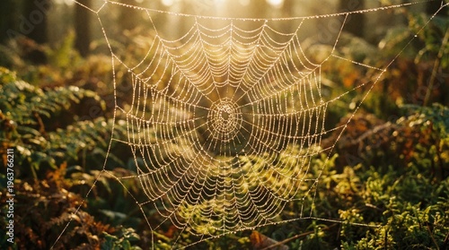 Macro of dew-covered spider web at sunrise, golden backlighting, sparkling water droplets, nature's geometry.