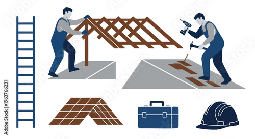 Construction workers building roof, ladder, toolbox, hard hat, tiles