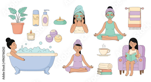 Spa and Self-Care Flat Vector Icons: Relaxation, Yoga, Bath, Beauty