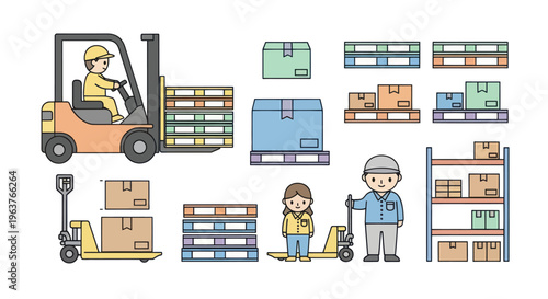 Flat Style Warehouse Workers and Forklift with Boxes and Pallets Icon