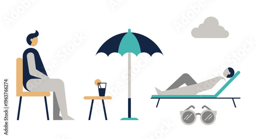 Flat illustration of people relaxing on vacation under an umbrella