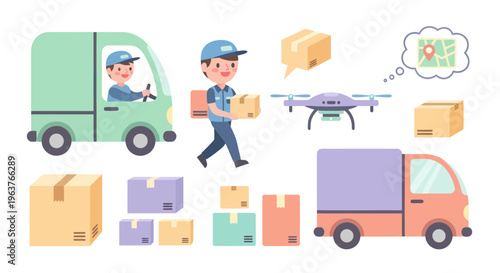 Flat Design Delivery Service Icon Set with Trucks, Drone, and Packages