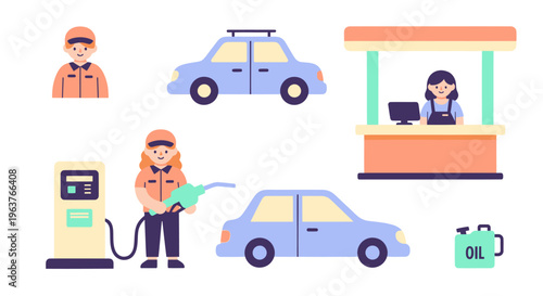 Flat Vector Gas Station Scene with Attendant and Cars