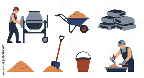 Construction worker mixing cement with tools and materials flat vector