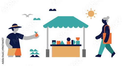 Flat illustration of people at a farmers market, selling fruit