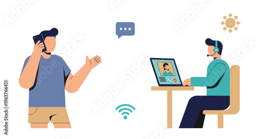 Flat illustration of remote work communication via phone and video call