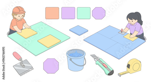 Kids tiling floor with tools, vector illustration, cute construction concept