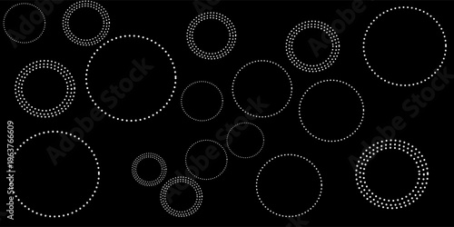 Halftone circular dotted frames set. Circle dots texture isolated on white background. Spotted spray texture. Vector abstract modern black and white.