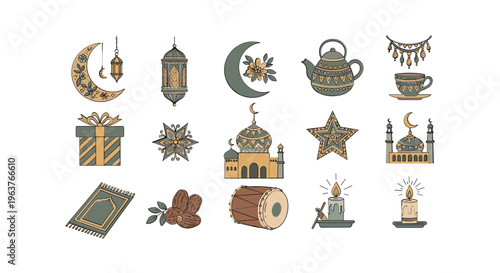 Ramadan Kareem Muslim Symbols Icons.
