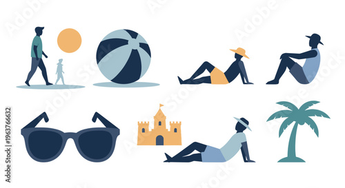 Flat Style Vector Icons: Beach Vacation, Summer, Recreation, Travel, Leisure