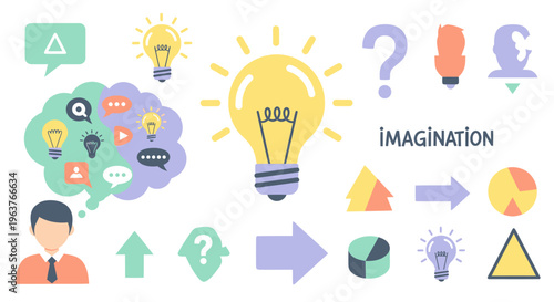 Flat Illustration of Imagination, Ideas, and Brainstorming with Lightbulbs