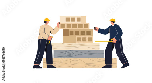 Construction workers measuring materials on site, flat vector illustration