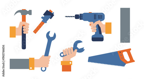 Flat Design Hands Holding Tools: Hammer, Wrench, Drill, Saw