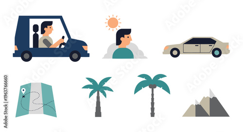 Flat Travel Icons: Car, Map, Palm Tree, Mountains  Sun