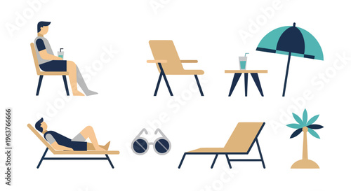 Flat Style Beach Relaxation Vector Icons: People, Chairs, Umbrella, Palm Tree