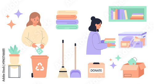 Flat illustration of women decluttering home, cleaning, donating, organizing