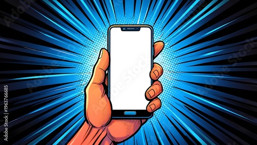 Hand holding a smartphone against a comic book-style background