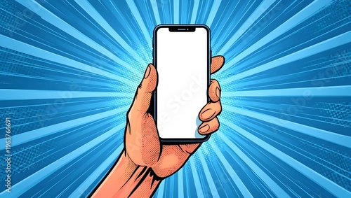 Hand holding a smartphone against a comic book-style background