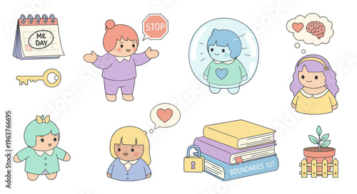 Cute Cartoon Icons: Self-care, Boundaries, Mental Health, Growth