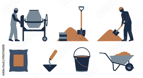 Construction Flat Design Icons: Cement Mixer, Shovels, Wheelbarrow, Bucket, Bag