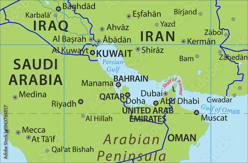 Vector political, physical, geographical world map. Fragment of asia region with strait of hormuz,
iran, kuwait, persian gulf, oman gulf,
saudi arabia, qatar, oman, iraq, united arab emirates.