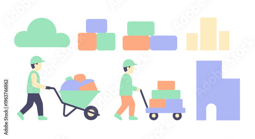 Flat Design Movers Pushing Wheelbarrow and Cart with Boxes