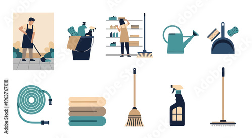 Flat Illustration of Cleaning Supplies and Tools for Home Services