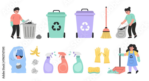 Flat Vector Illustration of Cleaning Supplies and People Recycling