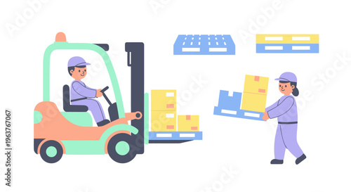 Flat Style Forklift Operator Loading Boxes in Warehouse