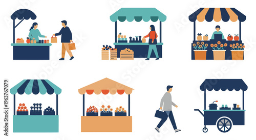 Flat Design Farmers Market Stalls with People and Produce Vector Illustration