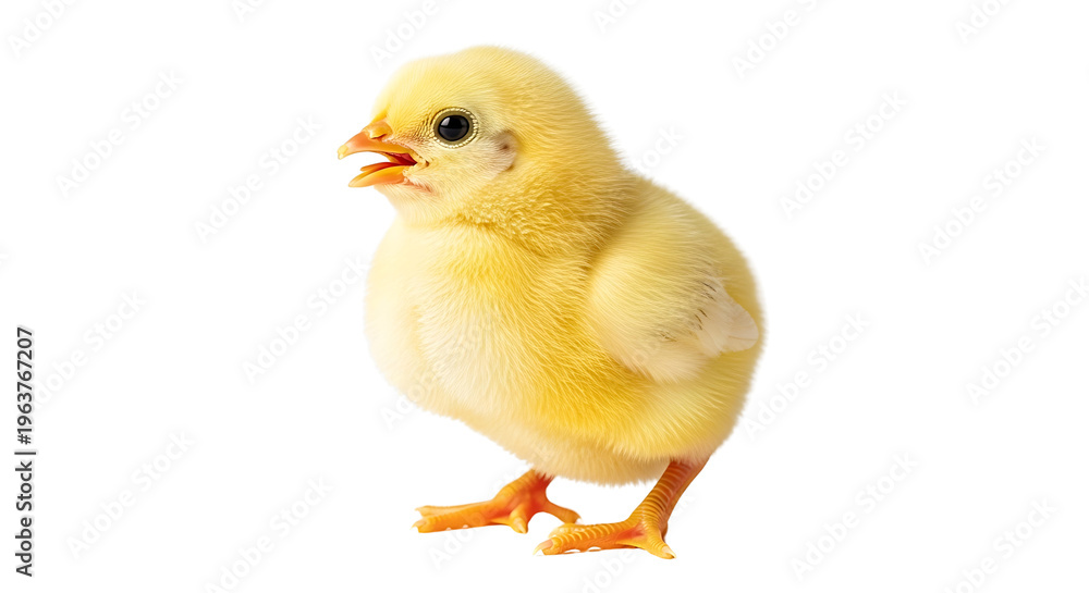 Fototapeta premium adorable yellow baby chick with fluffy feathers standing on a white background representing springtime and new life.