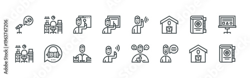 bundle of 16 thin line learning icons such as 17nfm#006 explore, 5mczu#024 workspace, twovs#024 workspace, qh6dw#002 audiobook, aq19q#018 research, xfacv#021 student, m6zwb#022 teach, a0api#020