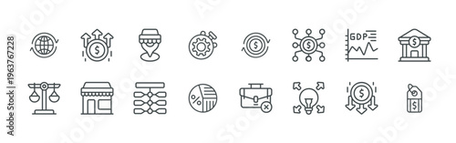 bundle of 16 thin line roeconomy icons such as wun4c#011 economy, tdamj#004 balance, ghzwx#016 inflation, ky6ve#028 supermarket, y0pu6#021 market, jazgv#017 infographic, sfinb#026 productivity,