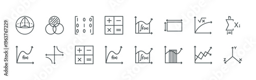 bundle of 16 thin line math icons such as sffpa#015 sphere, r8s9f#004 function, 0oq8t#019 venn diagram, fgsas#014 reciprocal, qrz7w#012 matrix, hz7#013 calculator, vydik#013 calculator,
