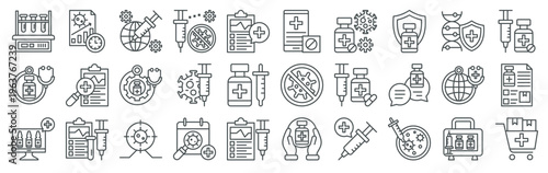 Set of 30 vaccine development medical health line icons including test tube, syringe, injection, drug, research, global health, certification, phary in thin outline style