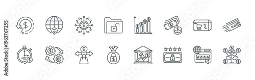 bundle of 16 thin line mobile payment icons such as kqone#006 cashback, tfaeg#013 eficiency, betek#017 internet, 6je9b#005 currency, eyzg8#015 digital money, a6qg6#020 trade, pks7c#001