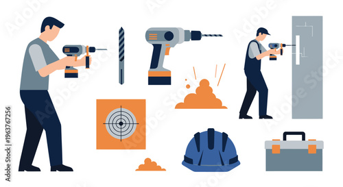 Construction worker drilling wall with tool, flat vector illustration
