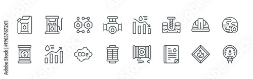 bundle of 16 thin line oil industry icons such as 5khuw#012 jerrycan, 98qm3#020 oil price, sej2k#007 gas station, 94f8z#008 graph, 0x2zb#014 molecule, ctoj6#003 co2, ki4ud#027 pipe, jgawn#018